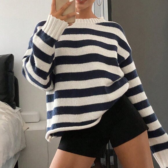 Royal Blue Casual Women's Loose Striped Knit Sweater - Picture 4 of 8